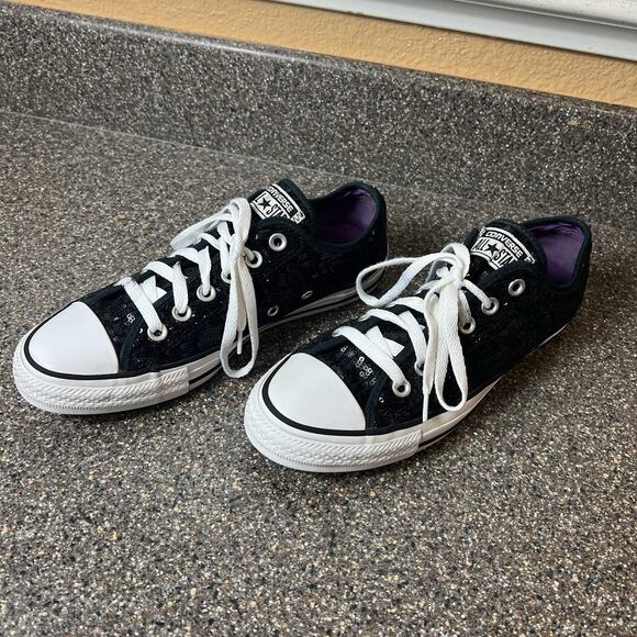 Converse All Star Low Top Women Sz 8 Sequined Black Canvas Sneaker Skate Lace Up - Picture 2 of 10